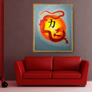 May include: A red dragon with gold accents is curled around a yellow sun with the Chinese character for "strength" in black. The painting is framed in gold.