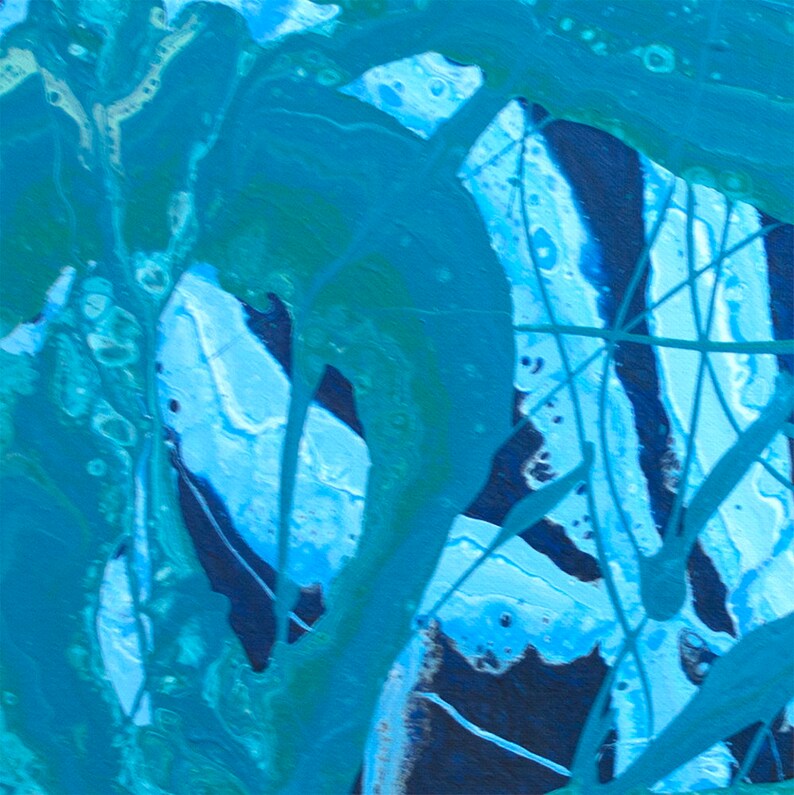 May include: Abstract painting with blue, teal, and black paint. The paint is applied in a thick, textured style, creating a sense of movement and depth.