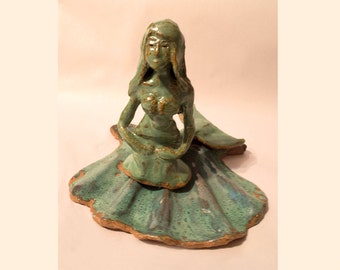 Handmade Ceramic Mermaid Sculpture, Ceramic Mermaid Figurine,  Ceramic Mermaid Statue, Home Decor,  Mermaid on Shell  6 inches high