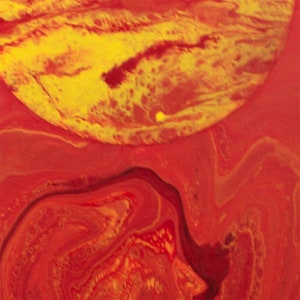 May include: Abstract painting with swirling red, orange, and yellow paint. The colors are vibrant and create a dynamic composition.