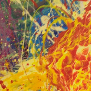 May include: Abstract painting featuring vibrant colours, including yellow, red, and blue. The paint is applied in a thick, textured style, creating a dynamic and energetic composition.