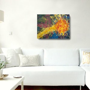May include: Abstract painting with a bright yellow and orange burst of colour on a blue and purple background.