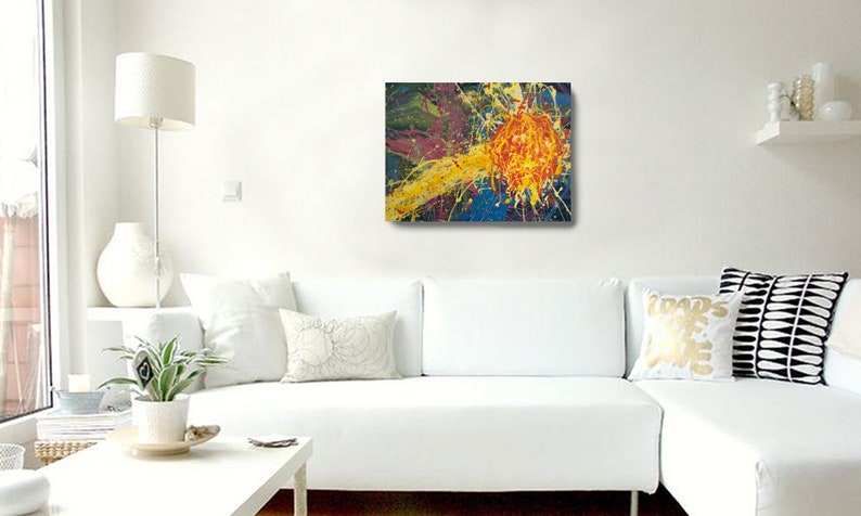 May include: Abstract painting with a bright yellow and orange burst of colour on a blue and purple background.