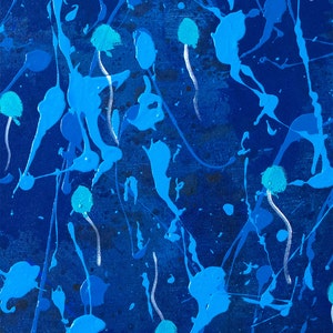 May include: Abstract painting with blue and white paint splatters on a dark blue background.