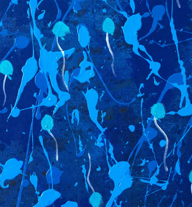 May include: Abstract painting with blue and white paint splatters on a dark blue background.