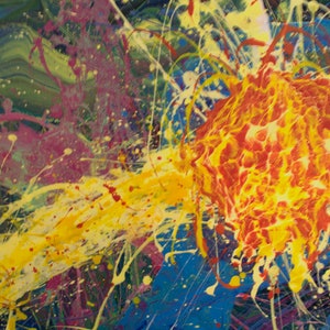 May include: Abstract painting with a bright yellow, red, and white splatter design. The background is a mix of blue, green, and purple.