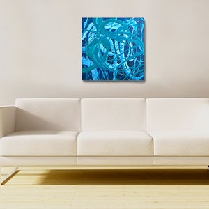 May include: Abstract painting with swirling lines in shades of blue and teal on a dark blue background.
