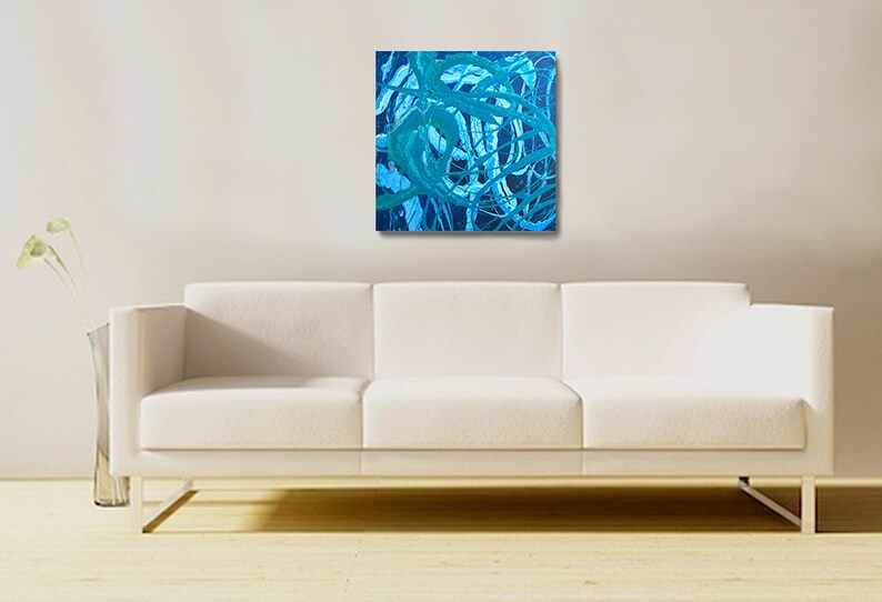 May include: Abstract painting with swirling lines in shades of blue and teal on a dark blue background.