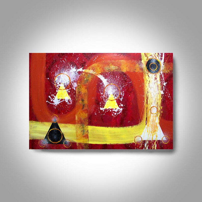 May include: Abstract painting with a red background and yellow, black, and white geometric shapes. The painting has a textured, layered look.