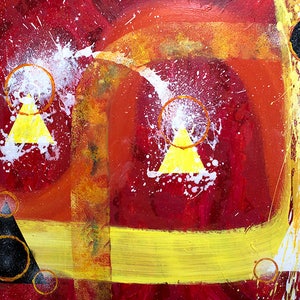 May include: Abstract painting with a red background and yellow, white, and black geometric shapes. The shapes are arranged in a pattern and are surrounded by white splatters of paint.