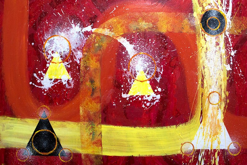 May include: Abstract painting with a red background and yellow, white, and black geometric shapes. The shapes are arranged in a pattern and are surrounded by white splatters of paint.