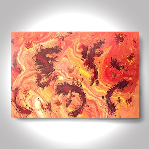 May include: Abstract painting with swirling red, orange, and yellow colors. The painting has a textured, marbled look with splashes of black paint.