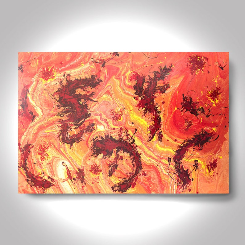 May include: Abstract painting with swirling red, orange, and yellow colors. The painting has a textured, marbled look with splashes of black paint.