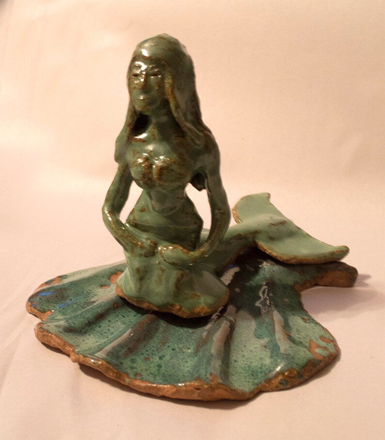 Handmade Ceramic Mermaid Sculpture, Ceramic Mermaid Figurine, Ceramic Mermaid Statue, Home Decor, Mermaid on Shell 6 inches high image 3