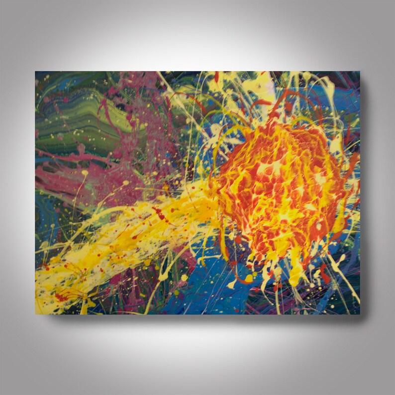 May include: Abstract painting with a bright yellow and orange burst of colour against a blue, green, and purple background.