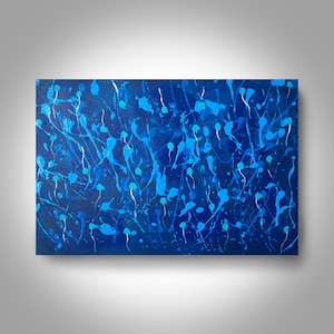 May include: Abstract painting with a blue background and white and light blue splatters of paint.
