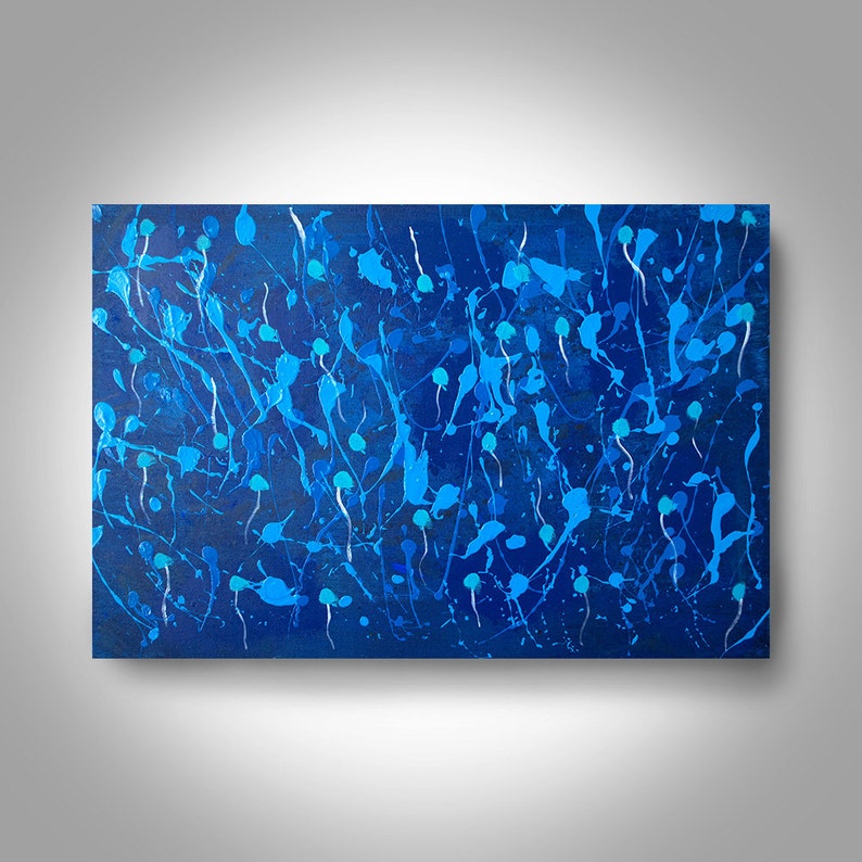 May include: Abstract painting with a blue background and white and light blue splatters of paint.