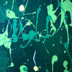 May include: Abstract painting with green and white paint splatters on a dark teal background.