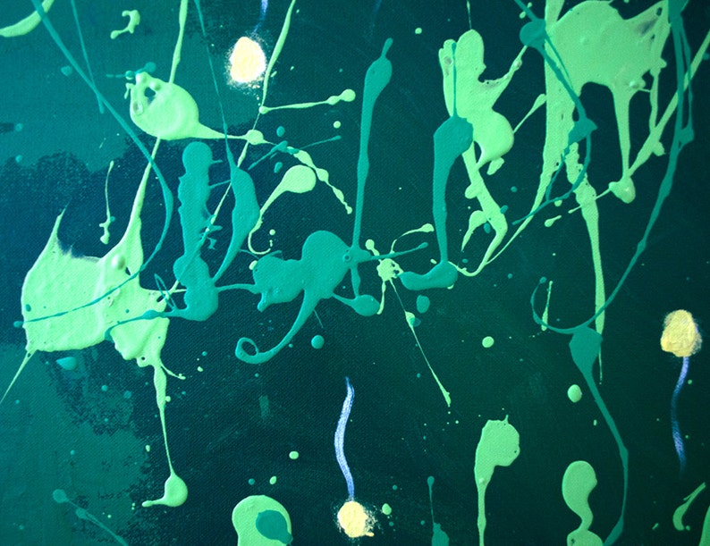 May include: Abstract painting with green and white paint splatters on a dark teal background.
