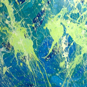 May include: Abstract painting with a blue and teal background, overlaid with splatters and drips of bright green and white paint. The artwork has a dynamic, energetic feel, with a focus on texture and color.