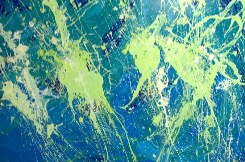 May include: Abstract painting with a blue and teal background, overlaid with splatters and drips of bright green and white paint. The artwork has a dynamic, energetic feel, with a focus on texture and color.
