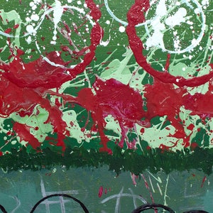 May include: Abstract painting with a green background and red, white, and green splatters of paint. The paint is applied in a random, chaotic pattern, creating a sense of energy and movement.
