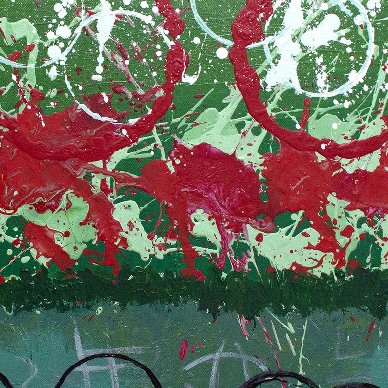 May include: Abstract painting with a green background and red, white, and green splatters of paint. The paint is applied in a random, chaotic pattern, creating a sense of energy and movement.