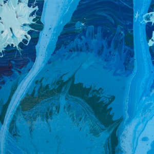 May include: Abstract painting with swirling blue, teal, and white paint. The colors blend together to create a dynamic and energetic composition.