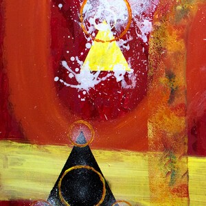 May include: Abstract painting featuring a yellow triangle at its centre, surrounded by white paint splatters against a red background. A black triangle with a black circle in the centre is positioned in the lower half of the painting.
