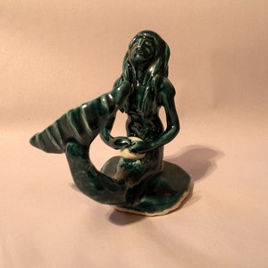 Handmade Ceramic Mermaid Sculpture, Ceramic Mermaid Figurine, Ceramic Mermaid Statue, Home Decor , Mermaid With Pearl 5.5 inches tall image 3