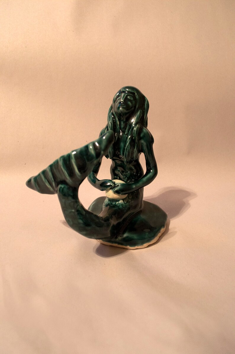 Handmade Ceramic Mermaid Sculpture, Ceramic Mermaid Figurine, Ceramic Mermaid Statue, Home Decor , Mermaid With Pearl 5.5 inches tall image 3