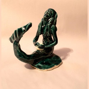 Handmade Ceramic Mermaid Sculpture, Ceramic Mermaid Figurine, Ceramic Mermaid Statue, Home Decor , Mermaid With Pearl 5.5 inches tall image 1