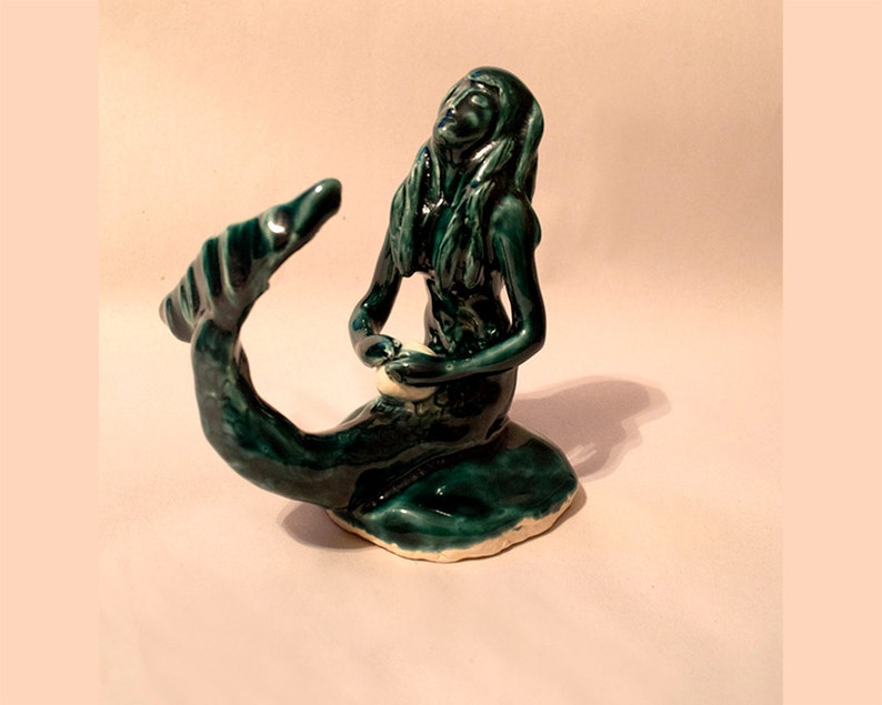 Handmade Ceramic Mermaid Sculpture, Ceramic Mermaid Figurine, Ceramic Mermaid Statue, Home Decor , Mermaid With Pearl 5.5 inches tall image 1