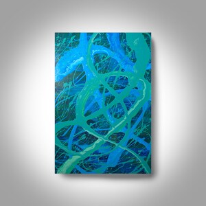 May include: Abstract painting with a blue and green color scheme. The painting features a series of lines and swirls that create a sense of movement and energy.