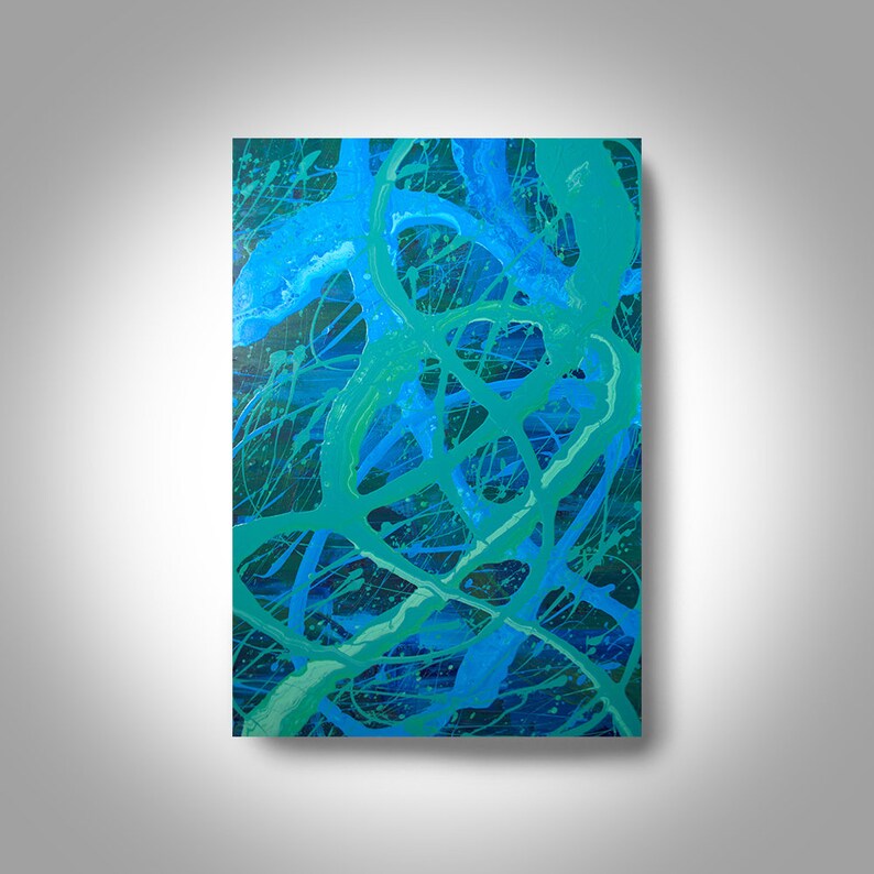 May include: Abstract painting with a blue and green color scheme. The painting features a series of lines and swirls that create a sense of movement and energy.