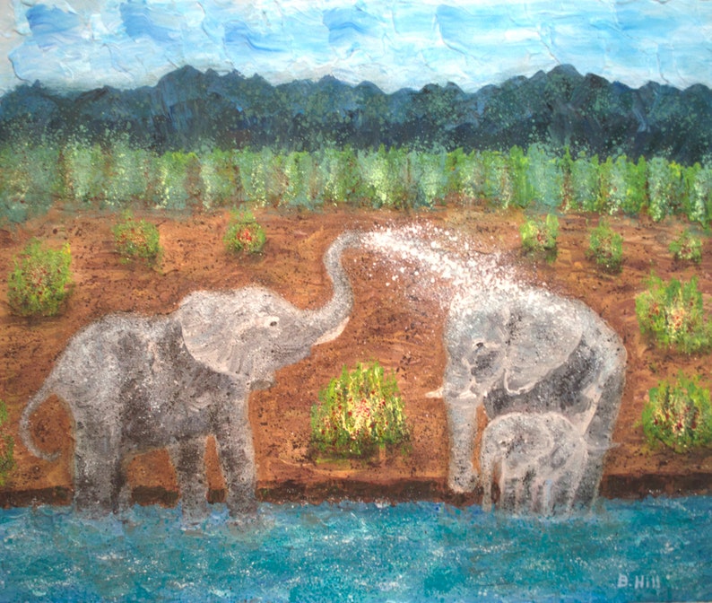 May include: A painting of three elephants in a field near a river. The elephant in the foreground is spraying water from its trunk. The elephants are painted in shades of gray against a brown background with green bushes and a blue sky.