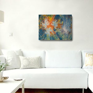 May include: Abstract art painting with a blue, green, orange, and white color scheme. The painting features a swirling, textured design.