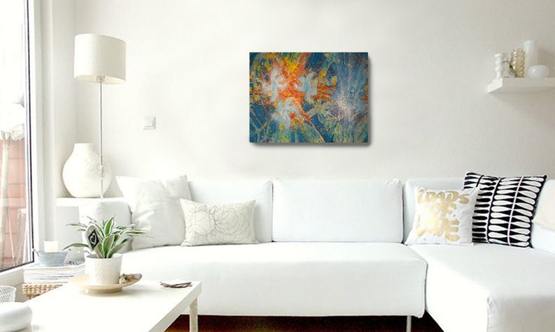 May include: Abstract art painting with a blue, green, orange, and white color scheme. The painting features a swirling, textured design.