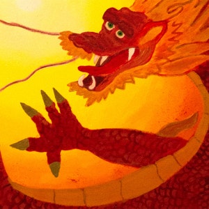 May include: A red and orange dragon with a yellow background. The dragon has a large, open mouth with sharp teeth and a long, thin tongue. The dragon's claws are visible and the scales on its body are textured.
