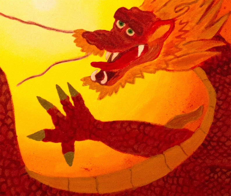 May include: A red and orange dragon with a yellow background. The dragon has a large, open mouth with sharp teeth and a long, thin tongue. The dragon's claws are visible and the scales on its body are textured.