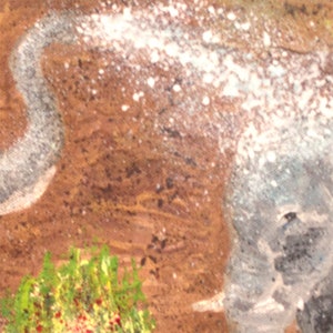 May include: Abstract painting with a brown background and white splatter paint. The painting has a gray and white shape in the upper right corner and a green and yellow shape in the lower left corner.
