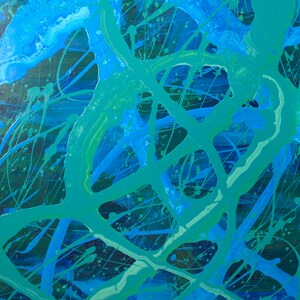 May include: Abstract painting with a blue and green color scheme. The paint is applied in a splatter and drip technique, creating a dynamic and energetic composition.