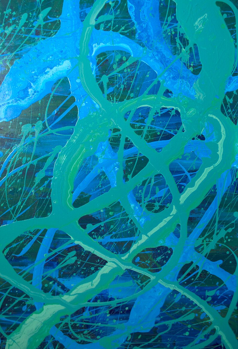 May include: Abstract painting with a blue and green color scheme. The paint is applied in a splatter and drip technique, creating a dynamic and energetic composition.