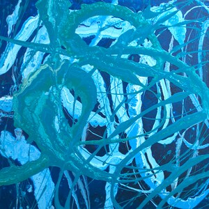 May include: Abstract painting with blue, green, and white paint splatters and streaks on a dark blue background.