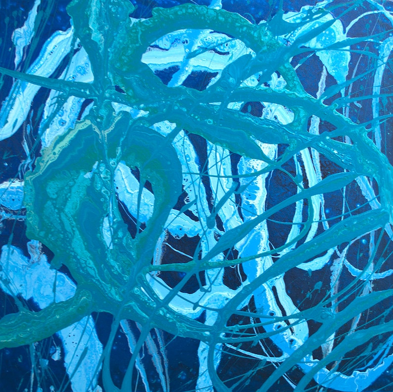 May include: Abstract painting with blue, green, and white paint splatters and streaks on a dark blue background.