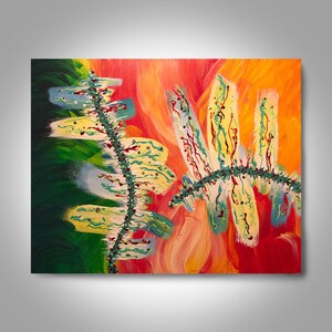K&ouml;nnte beinhalten: Abstraktes Gem&auml;lde mit leuchtenden Farben, das ein gr&uuml;nes, blaues und wei&szlig;es Design auf einem roten, orangefarbenen und gelben Hintergrund zeigt.