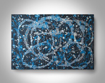 Acrylic Abstract Painting - 36 x 24 Blue and Silver Painting , Canvas Painting, Wall Painting, Home Decor, Art by Brian Hill