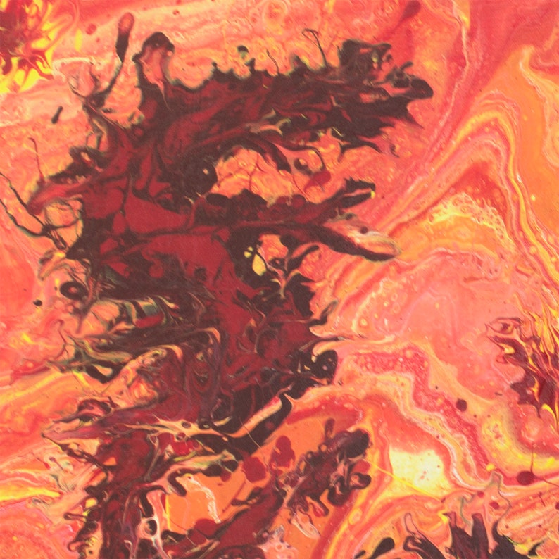 May include: Abstract painting with swirling red, orange, and yellow colors. A dark, black, and red shape resembling a dragon is in the center of the painting.