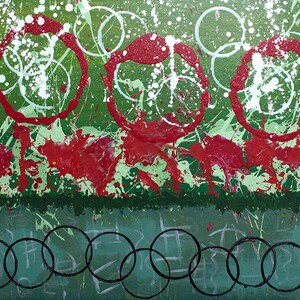 May include: Abstract painting with red, white, and green paint splatters. The painting features a series of overlapping circles in red and white, with a green background. The bottom of the painting features a row of black circles.