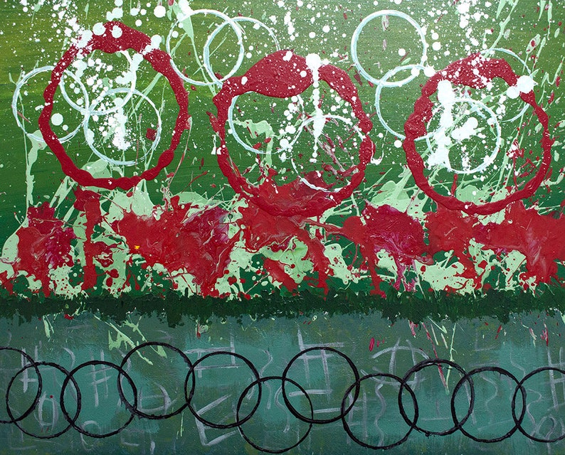 May include: Abstract painting with red, white, and green paint splatters. The painting features a series of overlapping circles in red and white, with a green background. The bottom of the painting features a row of black circles.